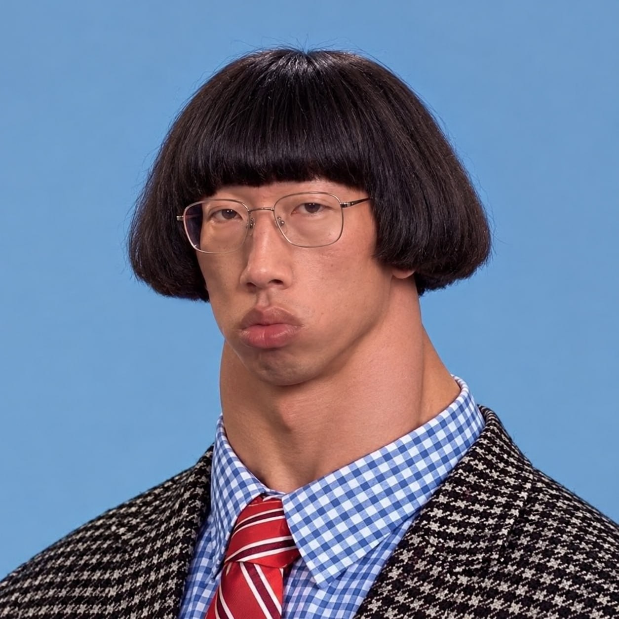 Wan Sulek portrait: bowl cut, glasses, enormous neck